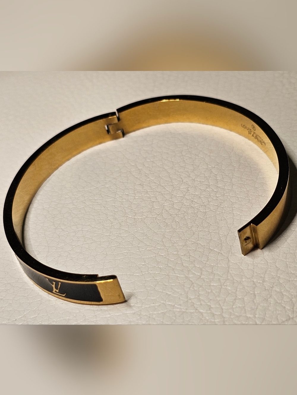 Designer Inspired Stainless Steel Black Enamel & Gold Monogram Bangle - Picture 5 of 7